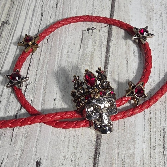 Alexander McQueen Jewelry - Alexander McQueen Red Braided Leather Skull Crown Star Wrap Bracelet Made Italy